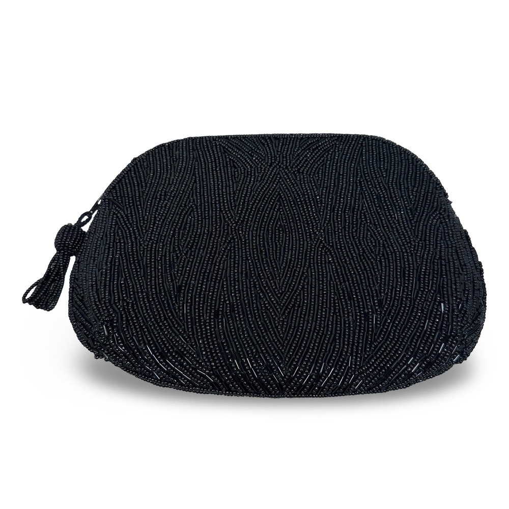 Vintage Black Beaded Clutch Bag Art Deco Geometric Seed Bugle Bead Evening Pouch